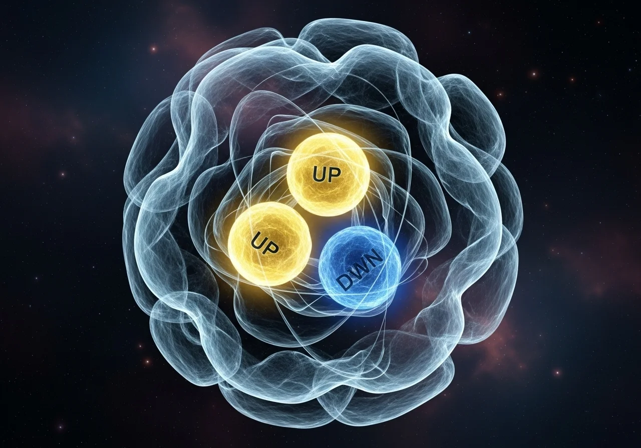Umělecká vizualizace protonu. Obrázek skvěle demonstruje, že ani částice v jádře atomu nejsou konečnými stavebními kameny – každá je složena ze tří menších částic, kterým říkáme kvarky